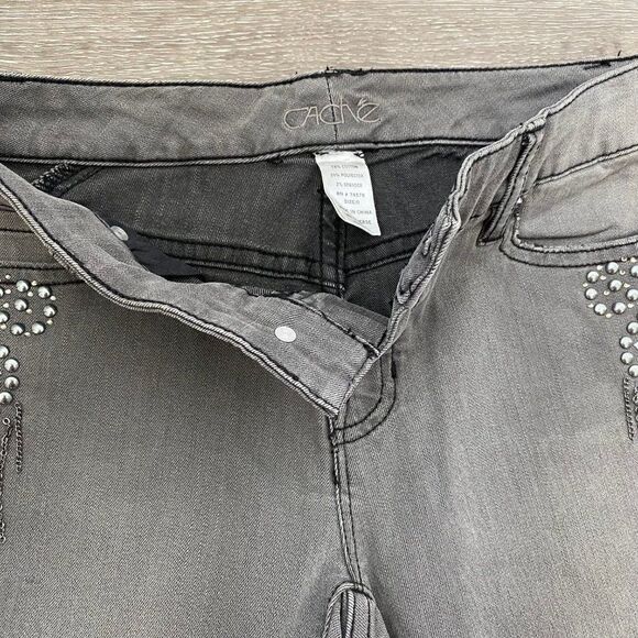 Cache Gray Straight Leg Embellished Beaded Jeans SZ 0 - Picture 6 of 11